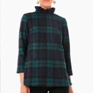 Tuckernuck Black and Dark Green Plaid Ruffle-Neck Top